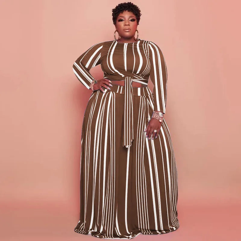New Arrivals Big Women Two Pieces Set Autumn Long Sleeve Striped Printed Sets Casual Tops Dress Striped Plus Size Women Set