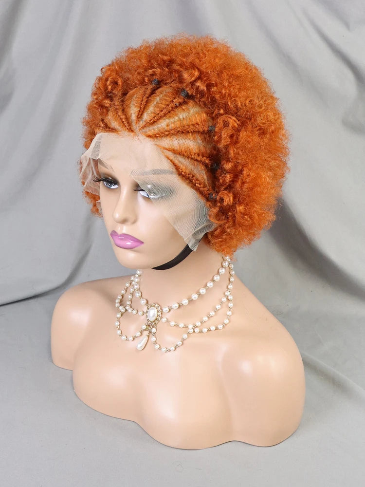 13x4 Lace Frontal Pixie Curly Braided Natural Human Hair Short Bob Wigs Full Density Africa Braid Wigs Black Women Straight