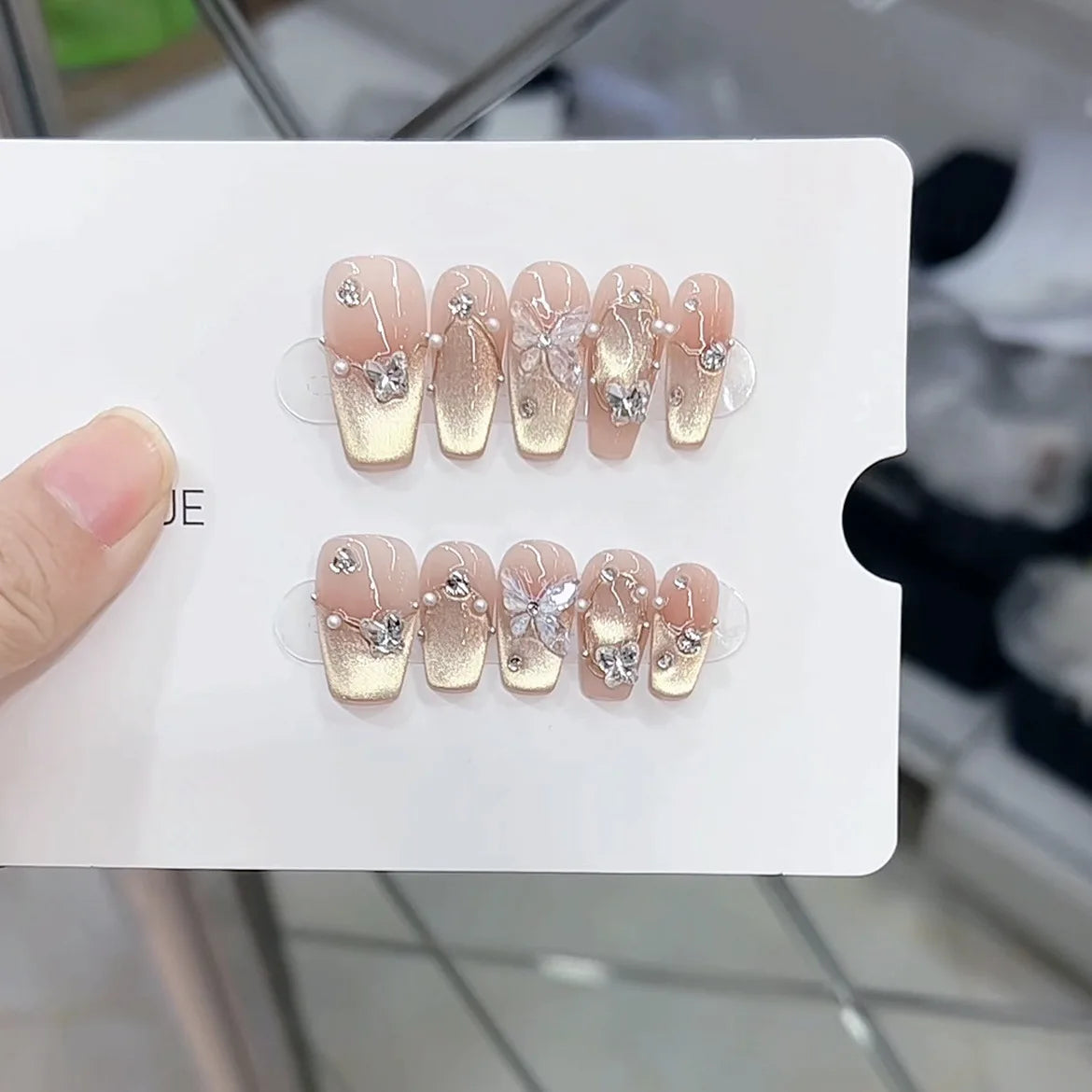 Blue French Press-on Nails Almond Shape 3D Design Full Coverage ABS Glossy False Nails for Daily Wear