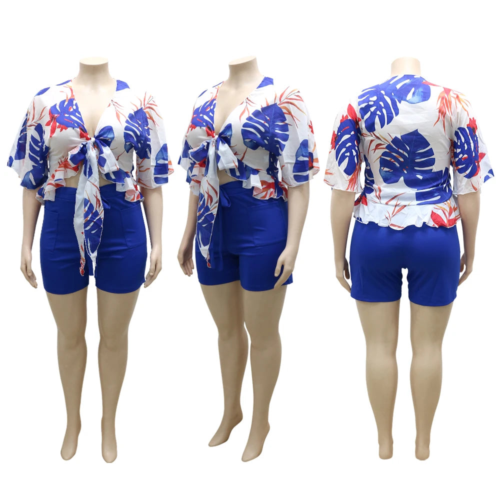 N7081 Summer Casual Hawaiian Fashion Print Two Piece Shorts Set Clothing Half Sleeve Plus Size Women Sets Two Piece Set Women