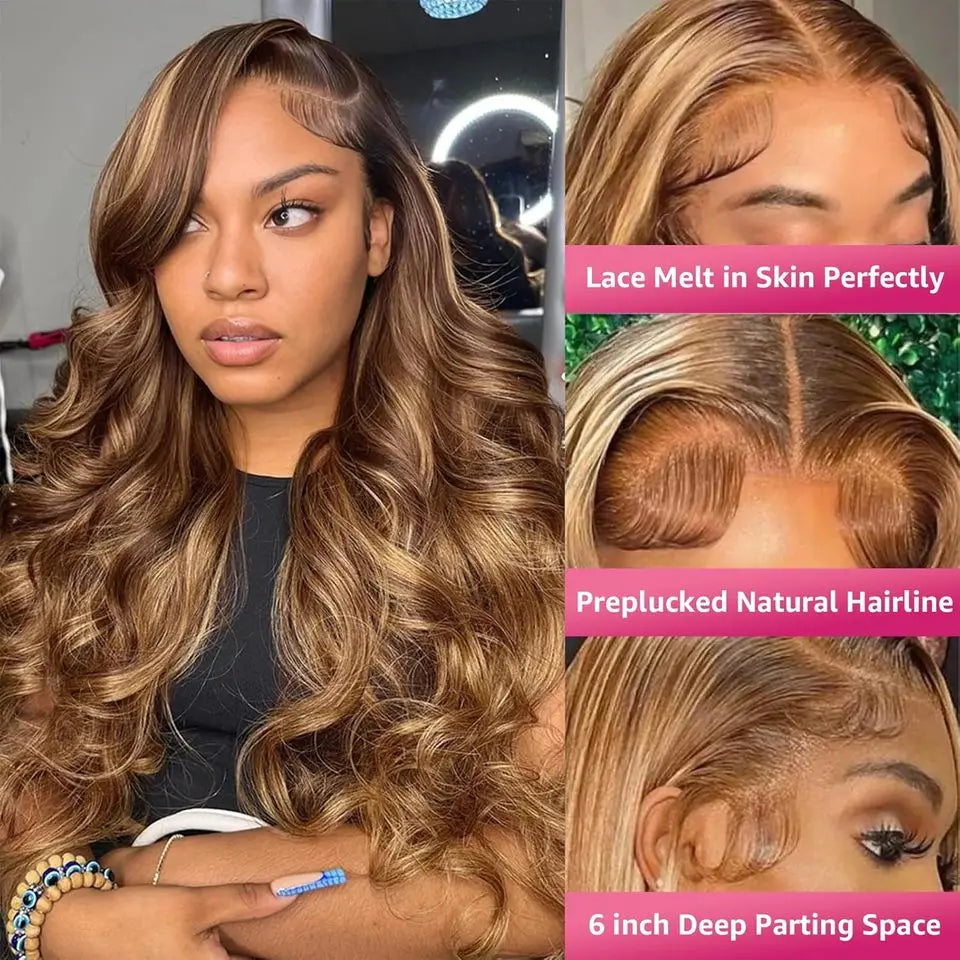13x4 Honey Blonde Front Wig Brazilian Synthetic Highlight Body Wave Wig for Blonde Women HD Frontal