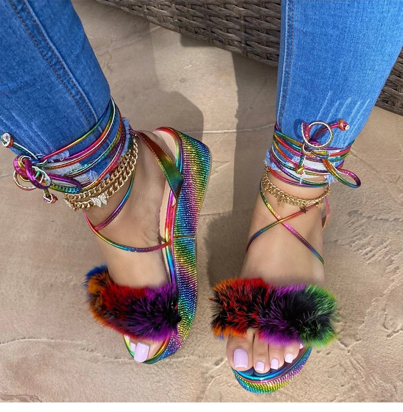 Women Gladiator Fur Platform Sandals