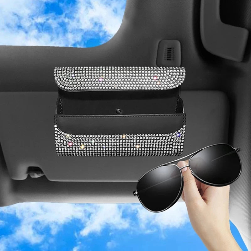 Diamond Car Visor Sunglasses Case Holder Eye Glasses Box Organizer Rhinestone Sunshade Storage Box Car Accessories