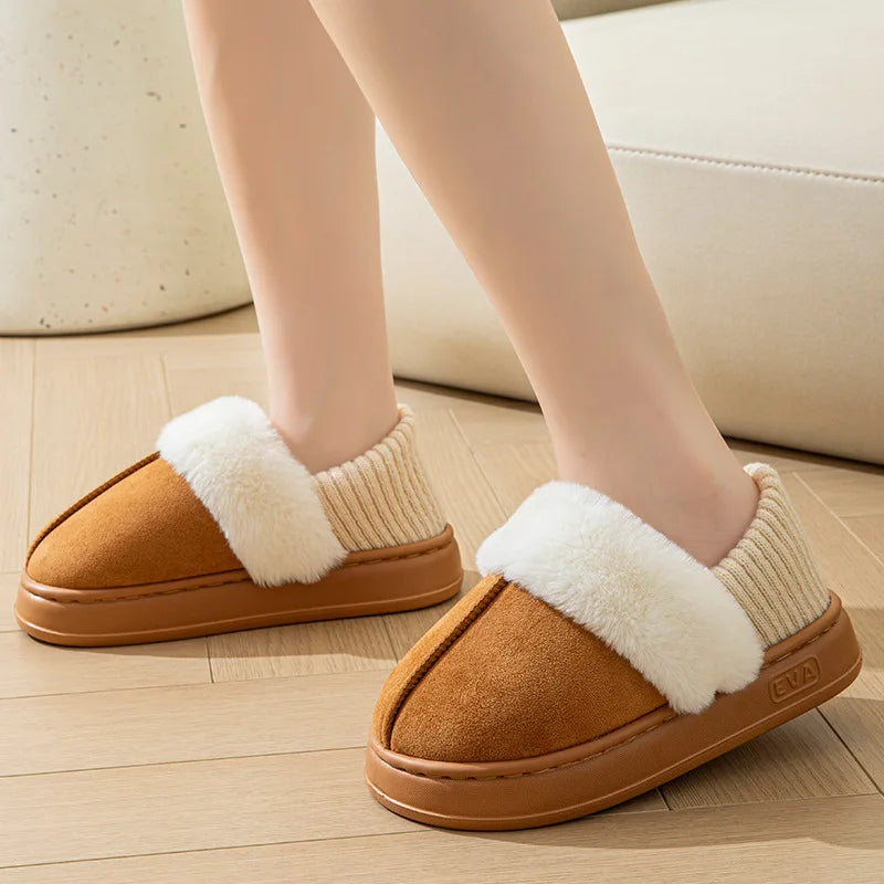Camel Color Suede Patchwork Frayed Loop Indoor/Outdoor Home Wooden Floor Winter Closed Toe Warm Cotton Shoes for Men Women