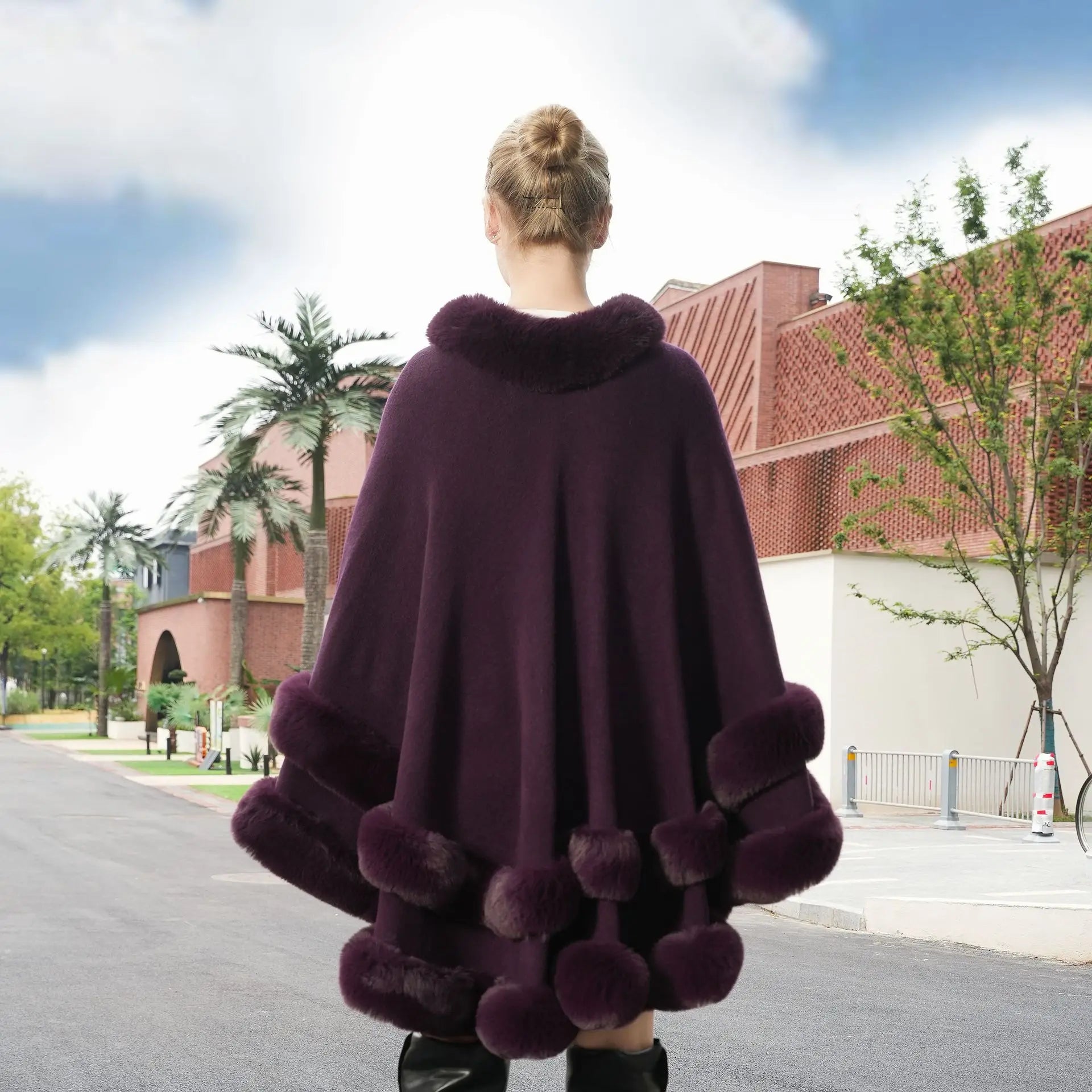 Autumn Winter Exclusive Faux Fur Cloak Loose Knit Coat Plus Size Versatile Shawl Solid Color Outerwear Women Cold Weather Jacket