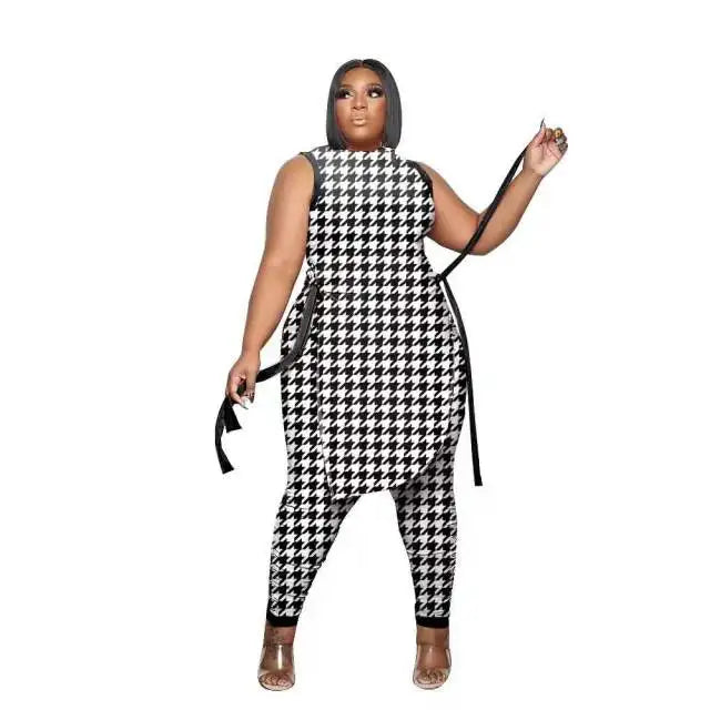 Casual Plus Size Women Clothing Two Piece Outfits Sleeveless Round Neck Bandage Crop Tops Pants Sets Urban Commute Casual