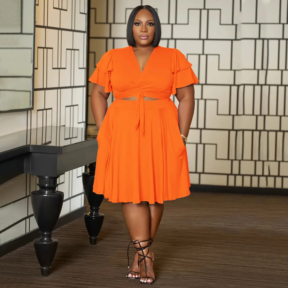 Best-Selling Plus Size Women's Clothing Ruffle Sleeve Lace up V-Neck Top and  Short Skirt Set 2 Piece Outfits for Women