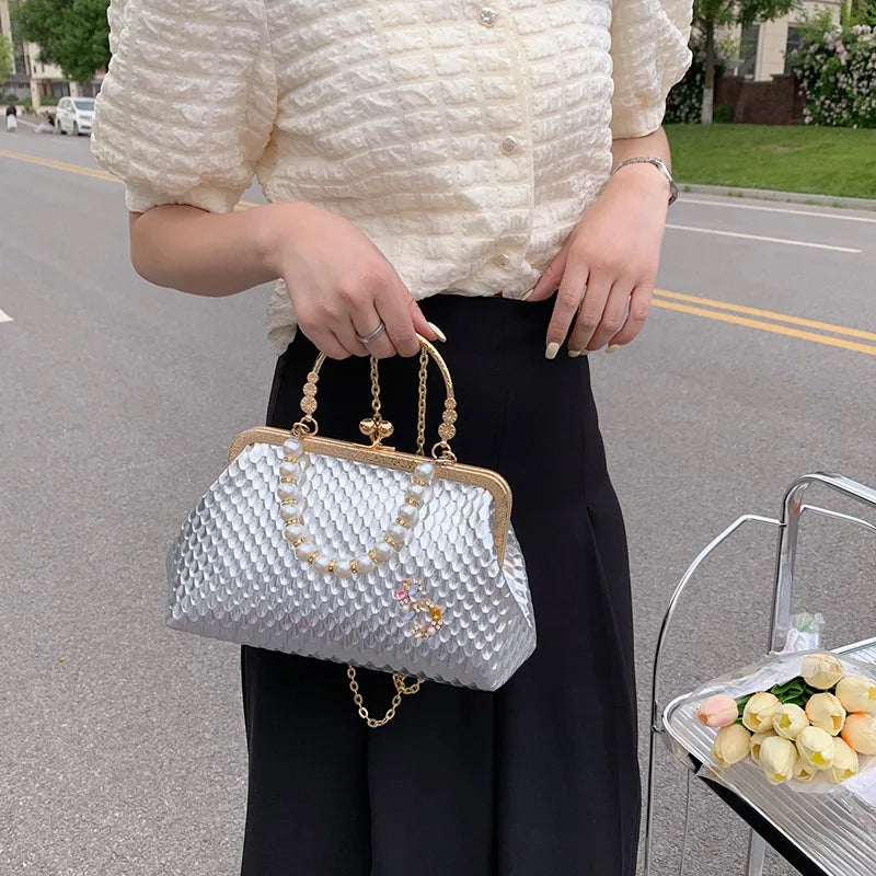 Luxury Women French Minority Shoulder Bags - Gold Crossbody Bags, Fashionable Pearl Chain,  and Elegant Evening Clutch