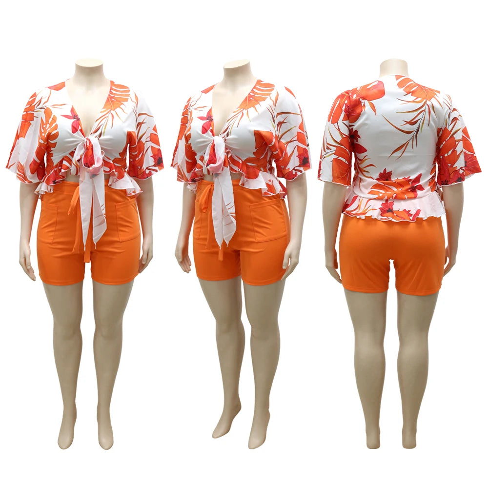 N7081 Summer Casual Hawaiian Fashion Print Two Piece Shorts Set Clothing Half Sleeve Plus Size Women Sets Two Piece Set Women