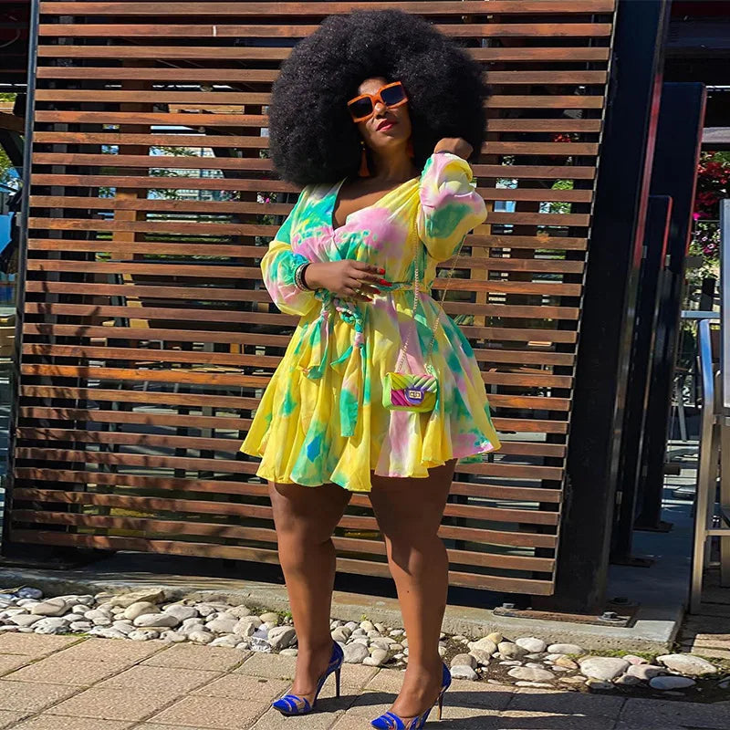 Women Long Sleeve Dresses Summer Casual Printed Fashion Mini Dresses Lace up Plus Size Women Clothing Dresses