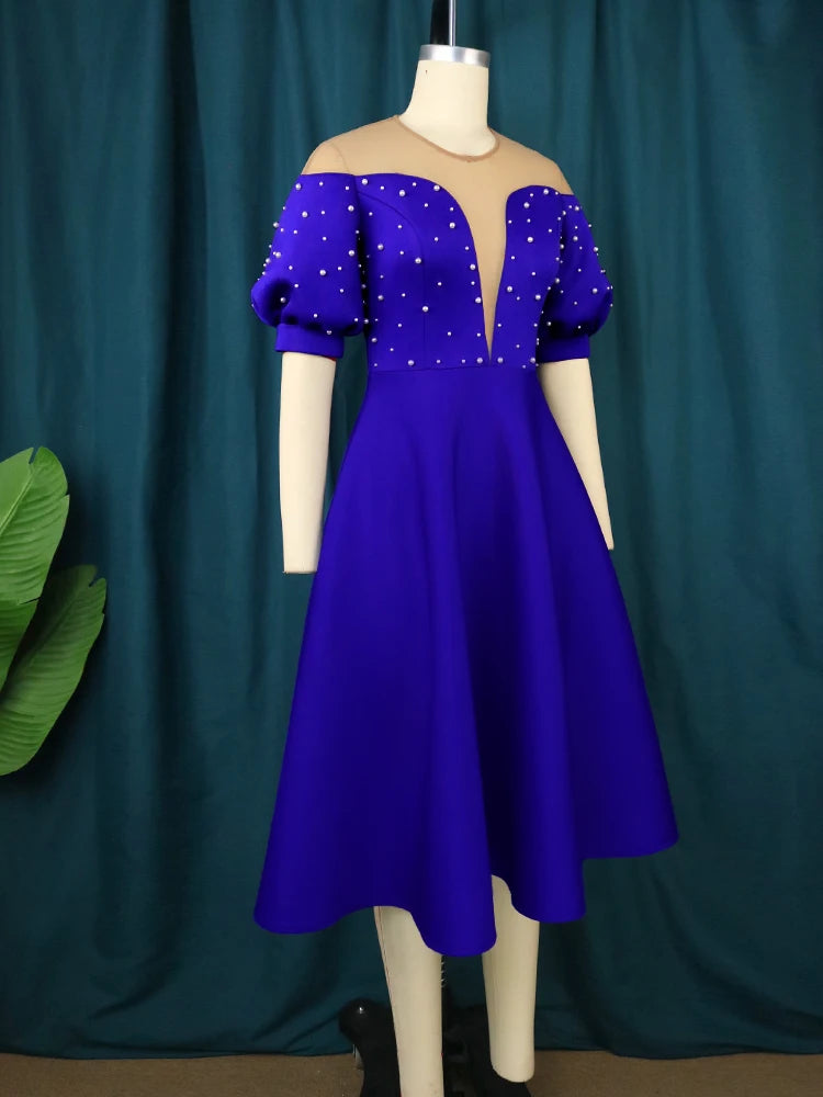AM220954 Short Sleeves Mesh Blue Sexy Beaded Patchwork Plus Size Women Dresses