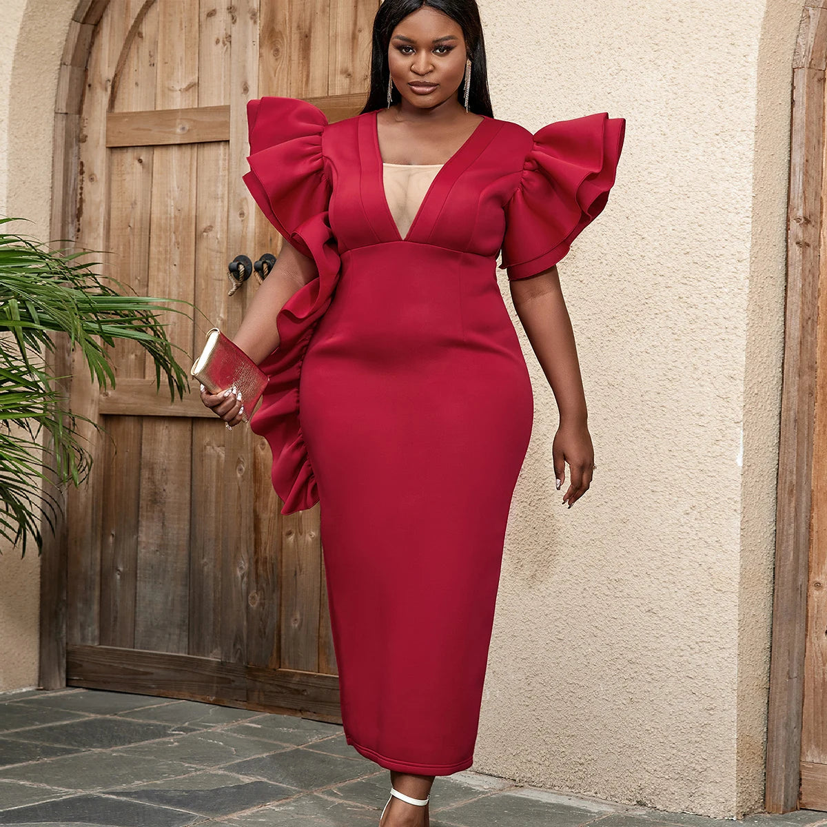 Elegant Party Deep V Neck See Through Ruffled Long Plus Size Women Dresses