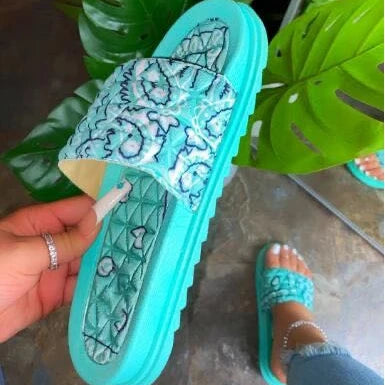 Ladies Beach slippers Red Bandana Slides