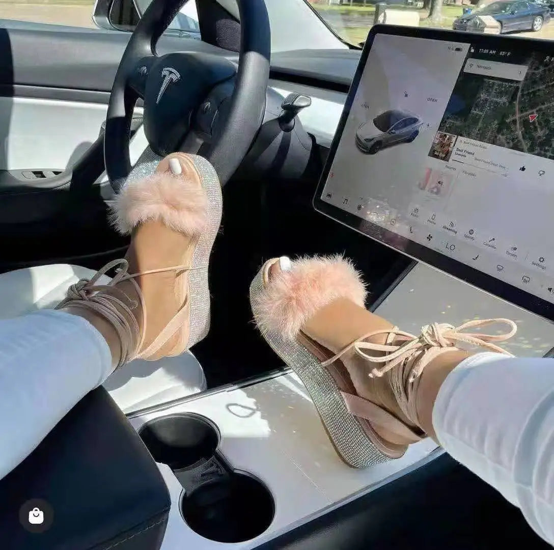 2021 Women Gladiator Fur Platform Sandals Ladies Glitter Bling Flat Female Crystal Ankle Wrap Shoes Women's Plus Size Footwear