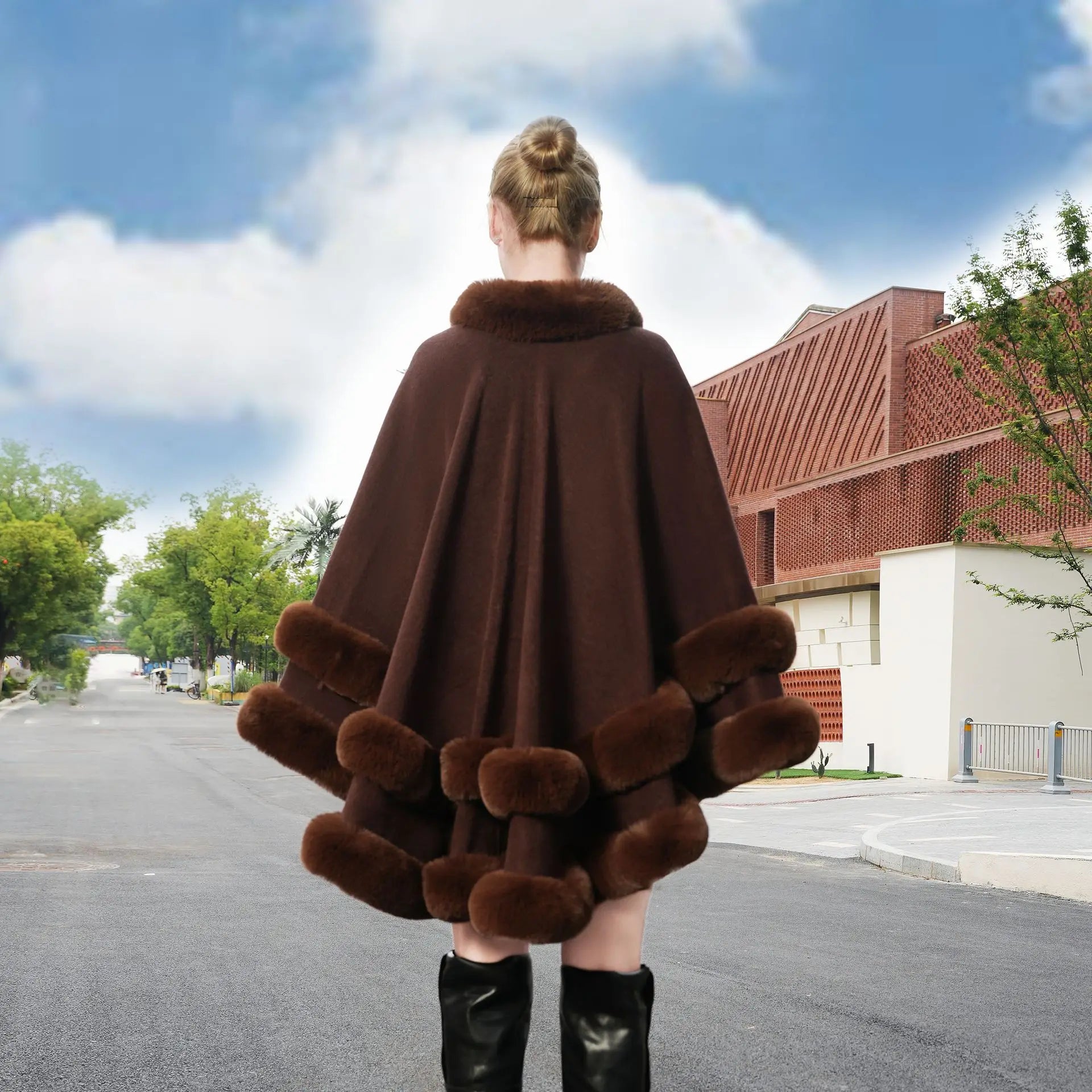 Autumn Winter Exclusive Faux Fur Cloak Loose Knit Coat Plus Size Versatile Shawl Solid Color Outerwear Women Cold Weather Jacket