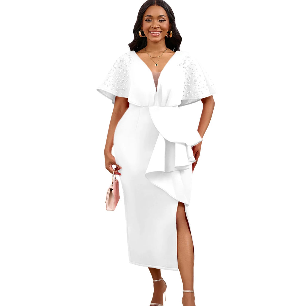 D516 Latest Design Summer Party Dress Women Sexy V-neck Ruffle Split Beaded Elegant Evening Dresses 2024