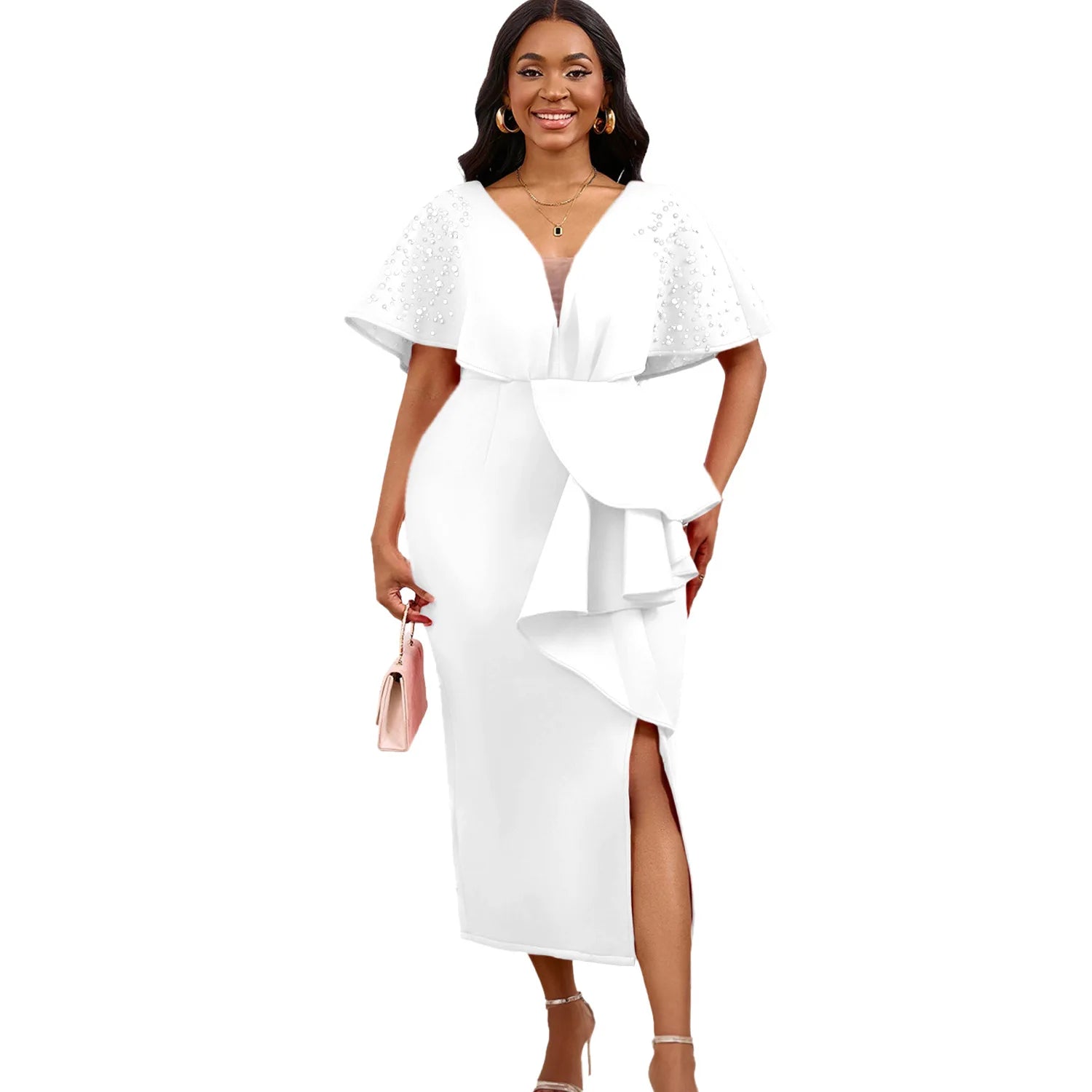 D516 Latest Design Summer Party Dress Women Sexy V-neck Ruffle Split Beaded Elegant Evening Dresses 2024