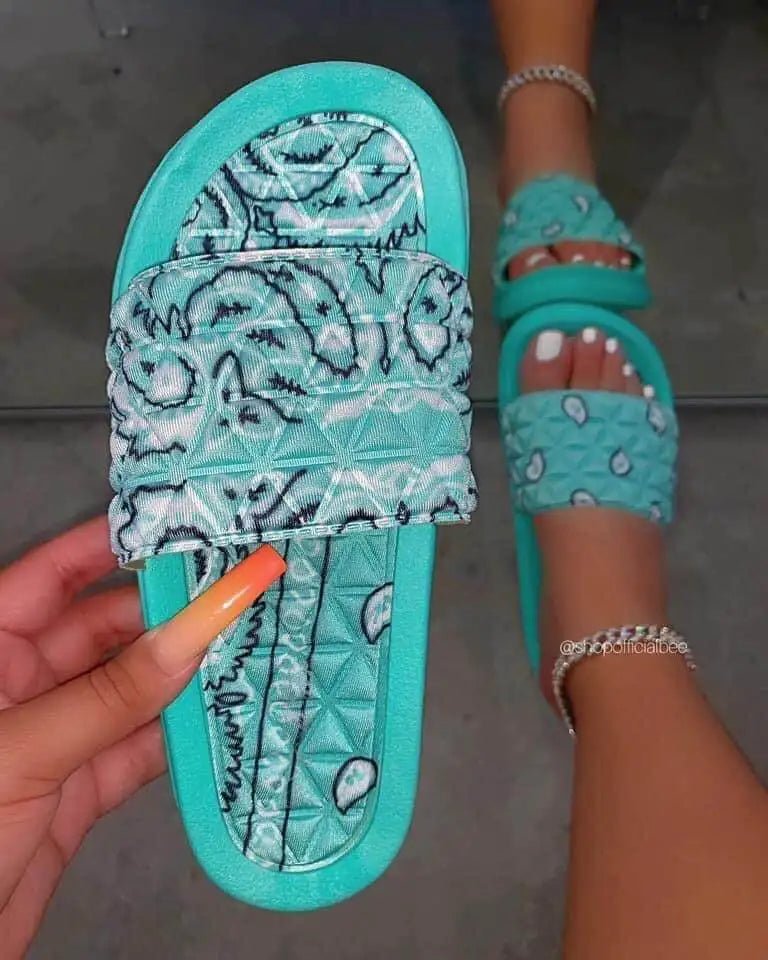 Ladies Beach slippers Red Bandana Slides