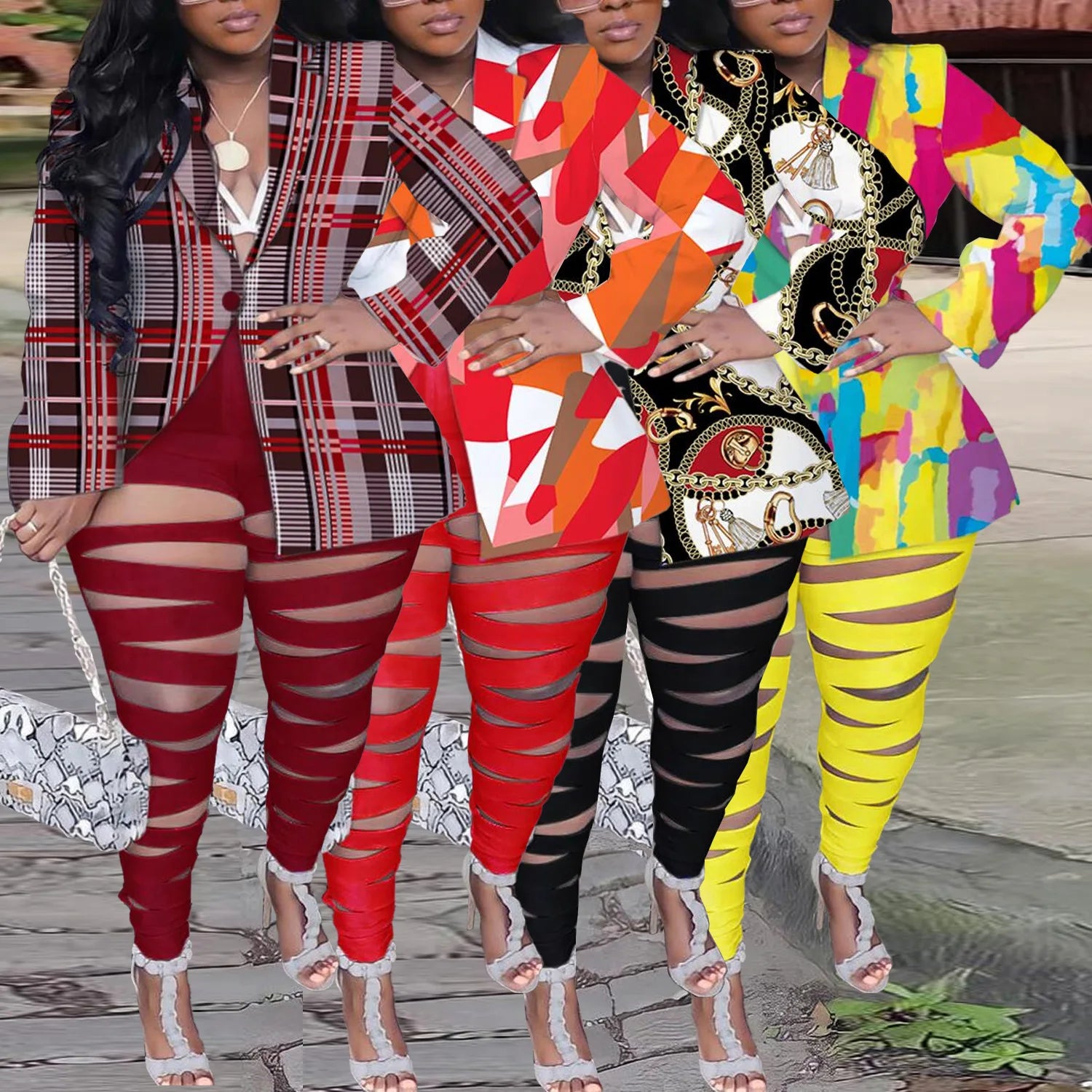 BH915 Plus Size Women Summer Spring Casual Two Piece Hollow Out Blazer Set