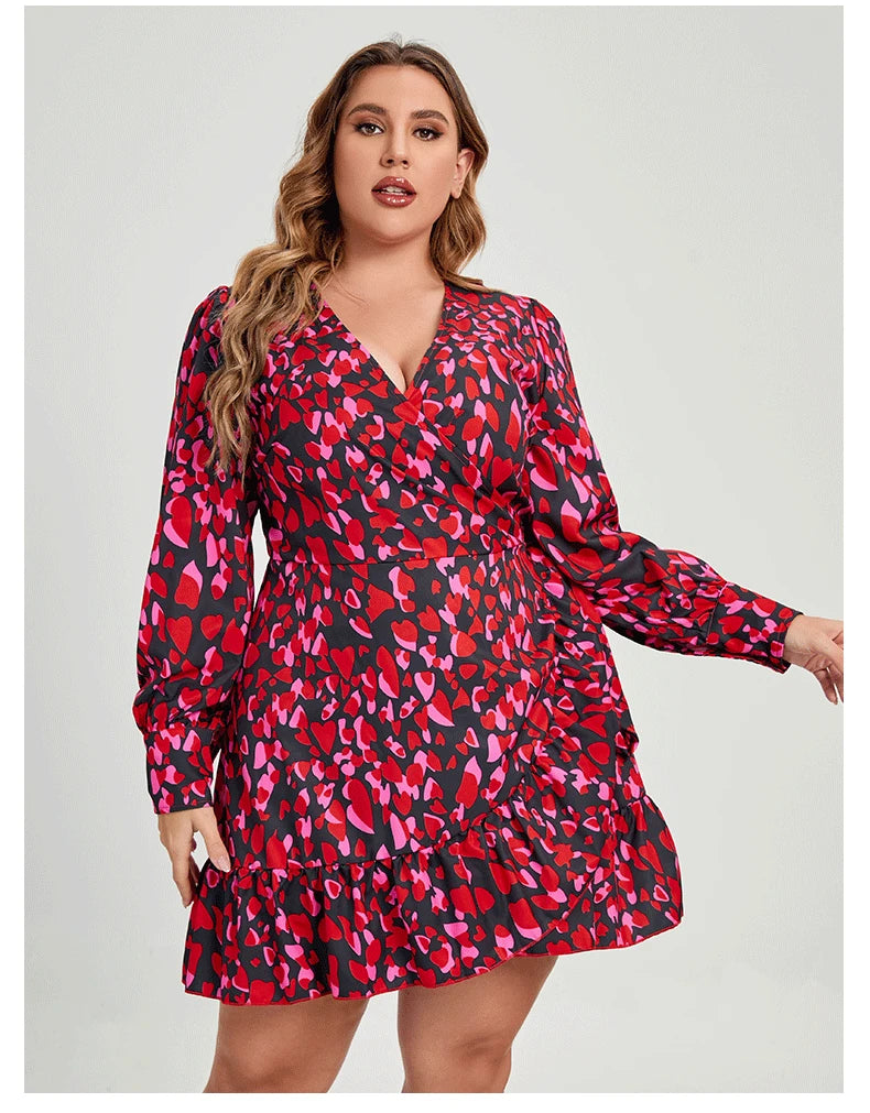 YiXin Plus Size Women's Dresses Floral Long Sleeve Deep V-neck Casual Dresses Plus Size Women Clothing Plus Size Dresses Women