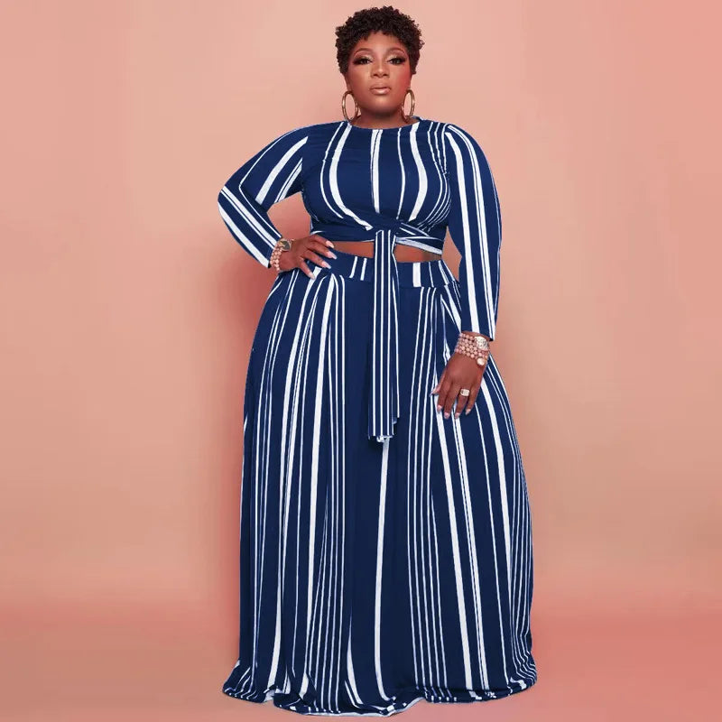 New Arrivals Big Women Two Pieces Set Autumn Long Sleeve Striped Printed Sets Casual Tops Dress Striped Plus Size Women Set