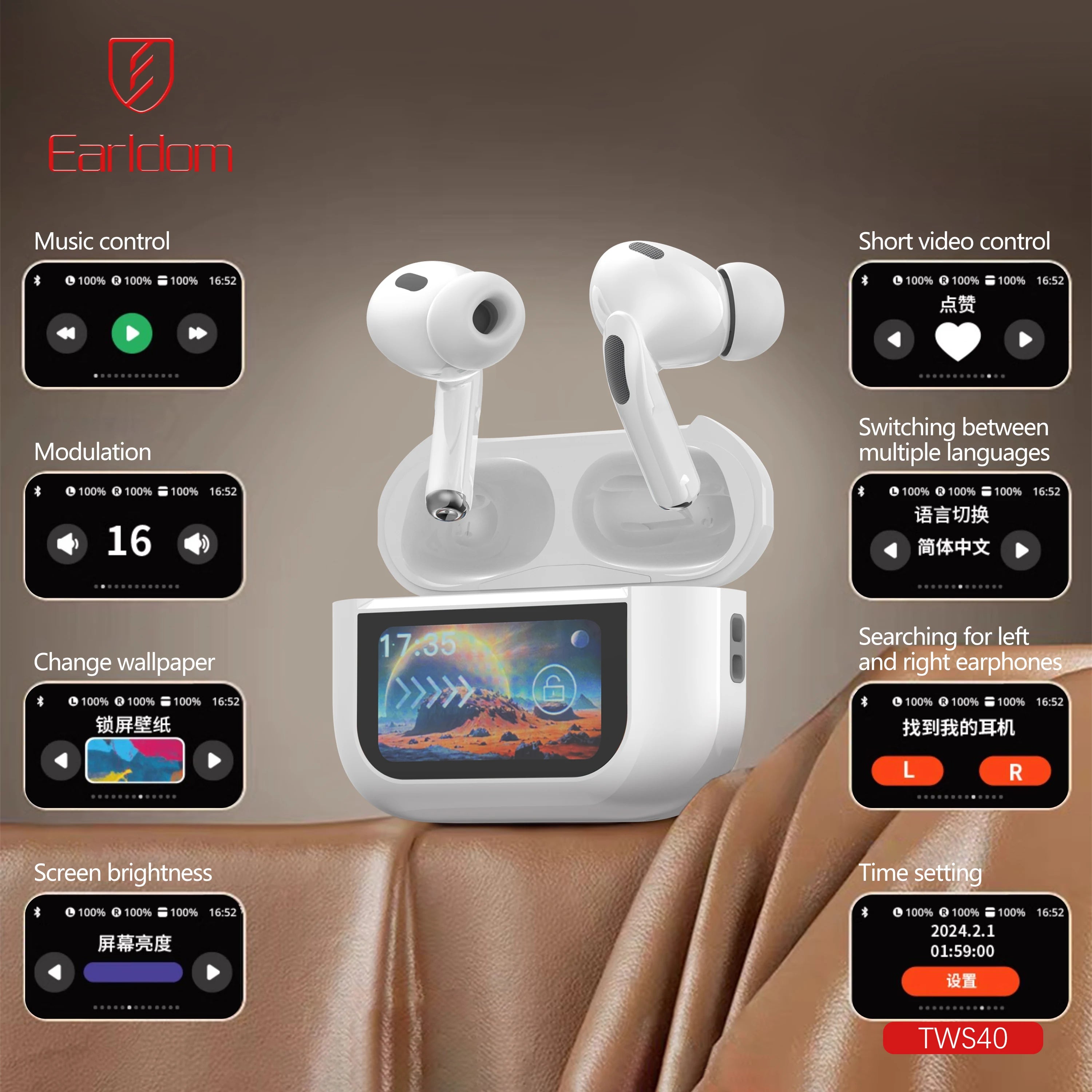 Digital LCD Touch Control Screen Wireless In-Ear Headphones High Quality Noise Cancelling
