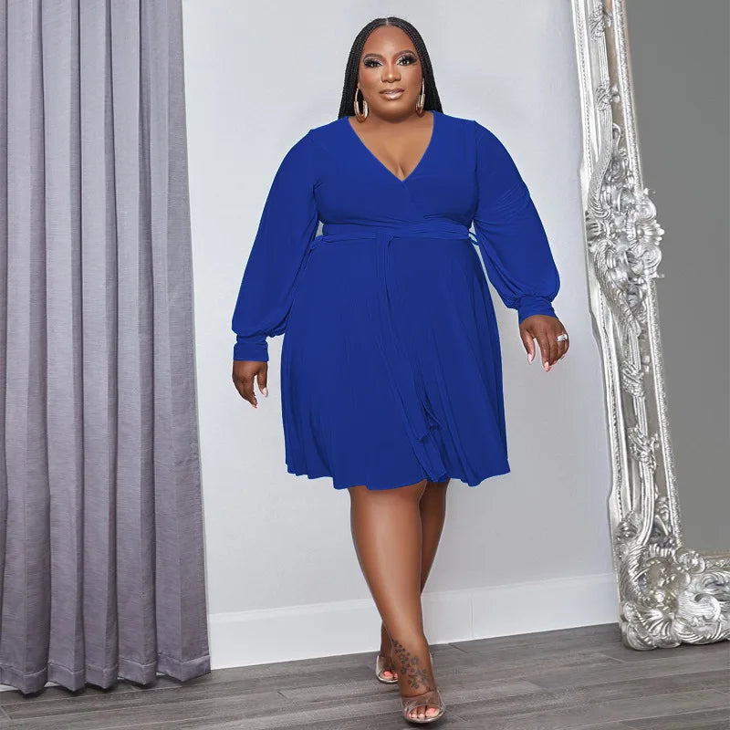 Autumn Plus Size Women Clothes Long Puff Sleeve V Neck Solid Color Casual Dresses Loose Knitted Plus Size Women Dresses