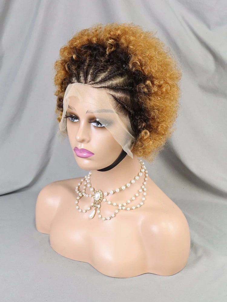 13x4 Lace Frontal Pixie Curly Braided Natural Human Hair Short Bob Wigs Full Density Africa Braid Wigs Black Women Straight