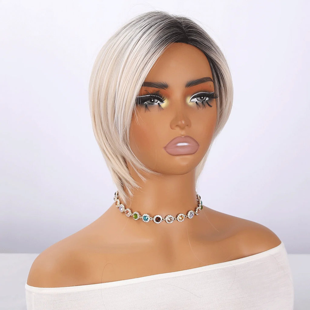 White Gold Synthetic Short Hair Wig Layered Straight Bob with Natural Looks Transparent Lace