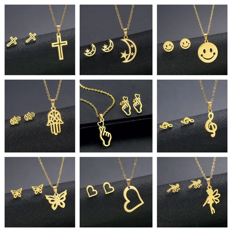 Cheap Stainless Steel Necklace Earring Set Women Moon Smile-y Face Butterfly Pendants