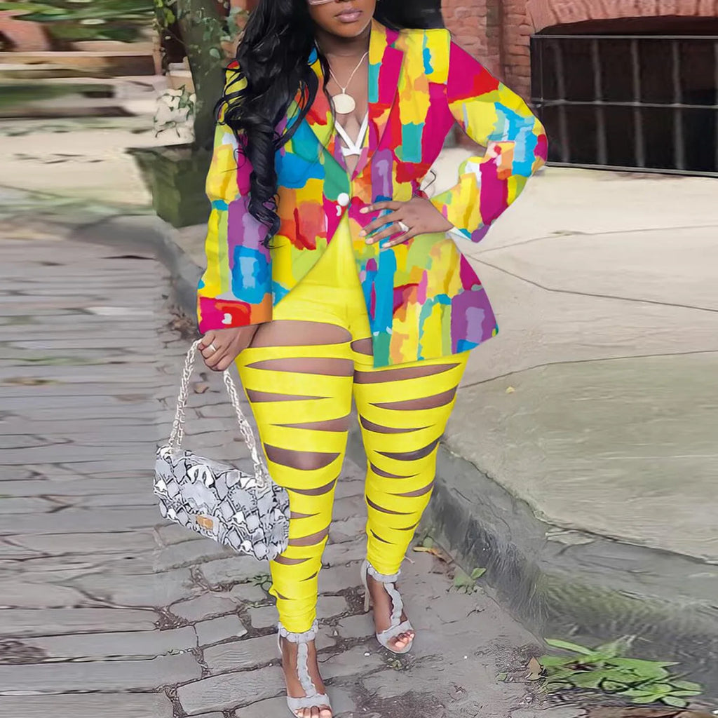 BH915 Plus Size Women Summer Spring Casual Two Piece Hollow Out Blazer Set