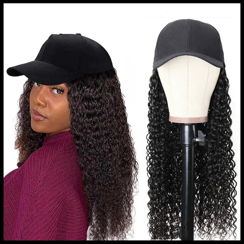 12-30 Inch 100% Human Hair Wigs Long Curly Baseball Hat Wig Cover Water Wave Curly Cap