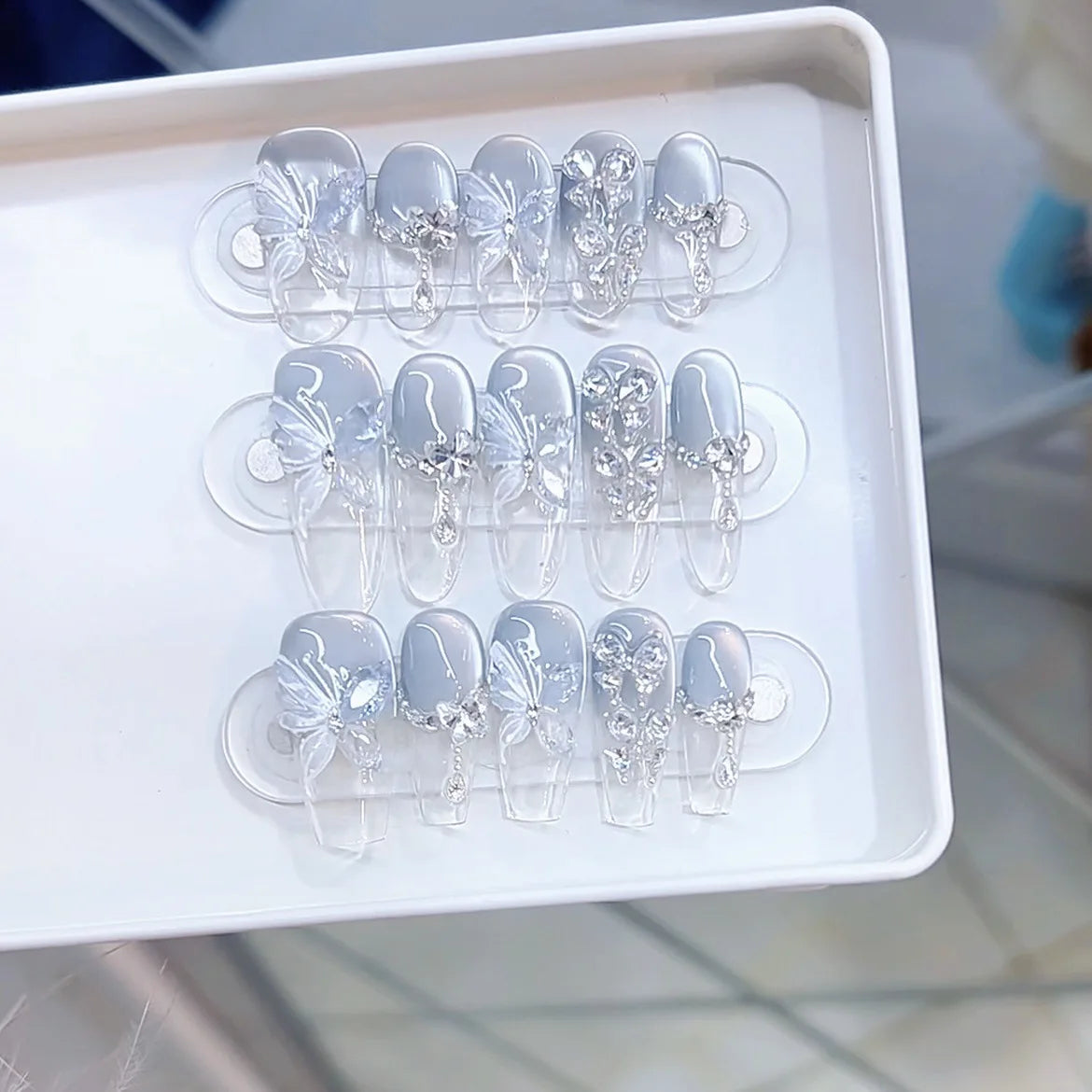 Blue French Press-on Nails Almond Shape 3D Design Full Coverage ABS Glossy False Nails for Daily Wear