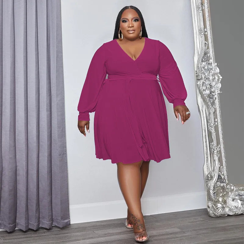 Autumn Plus Size Women Clothes Long Puff Sleeve V Neck Solid Color Casual Dresses Loose Knitted Plus Size Women Dresses