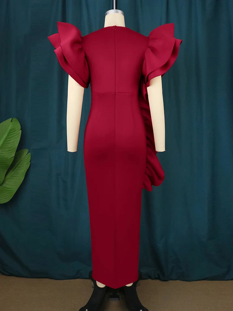 Elegant Party Deep V Neck See Through Ruffled Long Plus Size Women Dresses