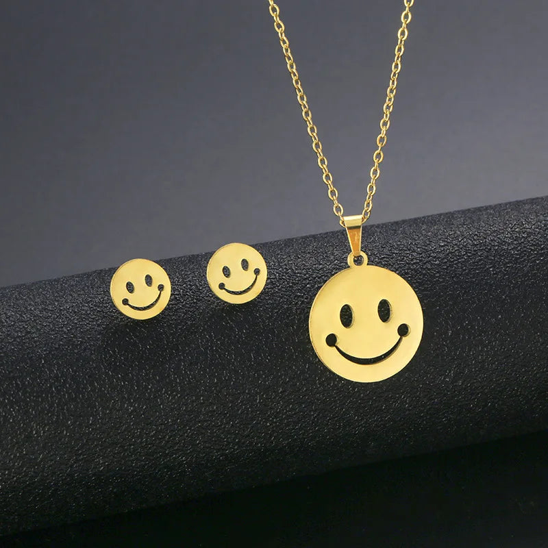 Cheap Stainless Steel Necklace Earring Set Women Moon Smile-y Face Butterfly Pendants