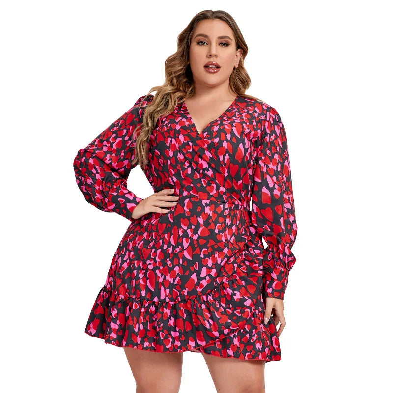 YiXin Plus Size Women's Dresses Floral Long Sleeve Deep V-neck Casual Dresses Plus Size Women Clothing Plus Size Dresses Women