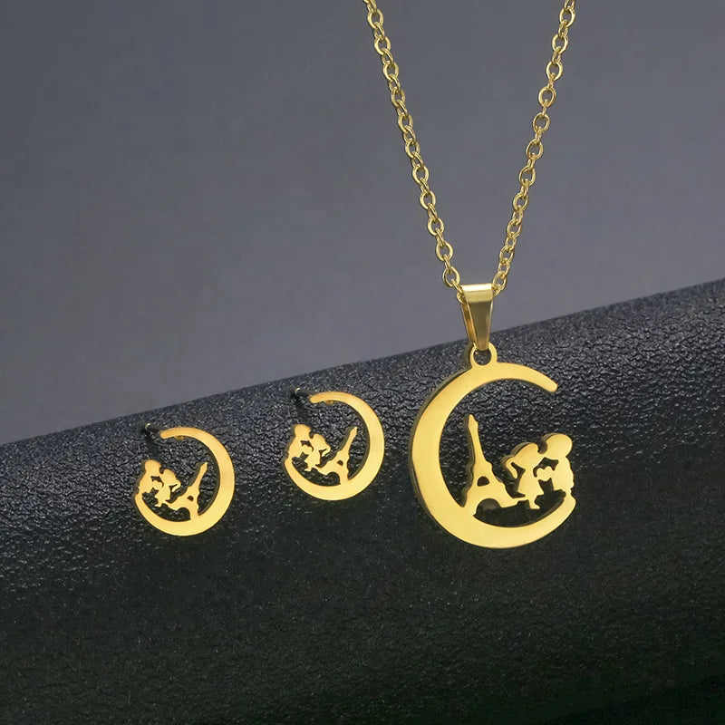 Cheap Stainless Steel Necklace Earring Set Women Moon Smile-y Face Butterfly Pendants