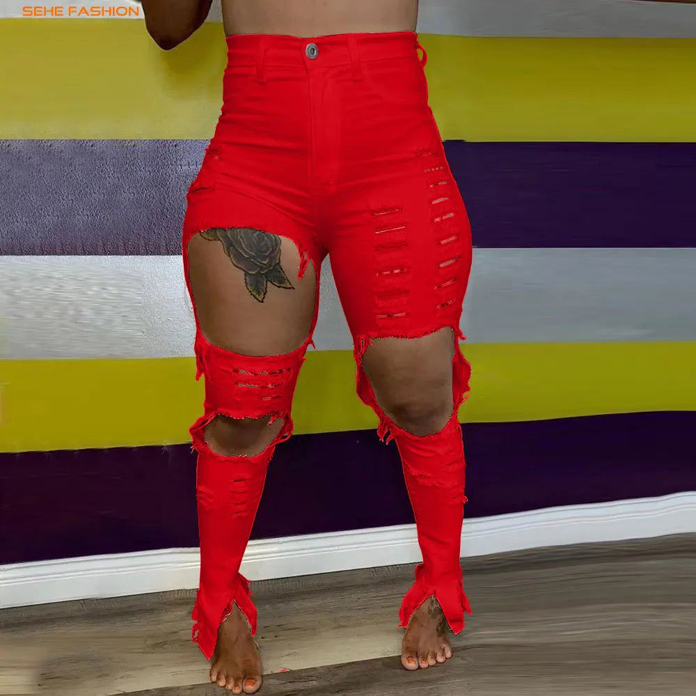 21105-MX68 Denim Ripped Designs High Waist Plus Size Women Jeans Sehe Fashion