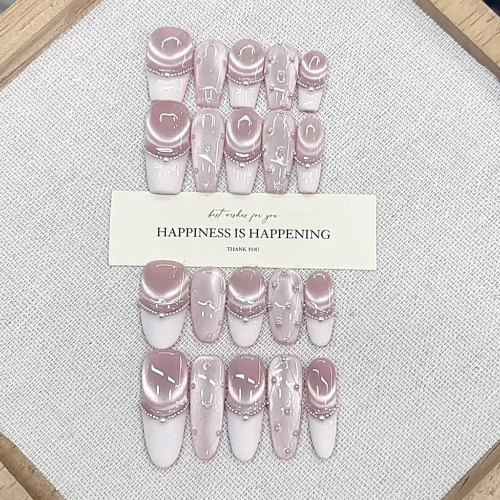 Blue French Press-on Nails Almond Shape 3D Design Full Coverage ABS Glossy False Nails for Daily Wear