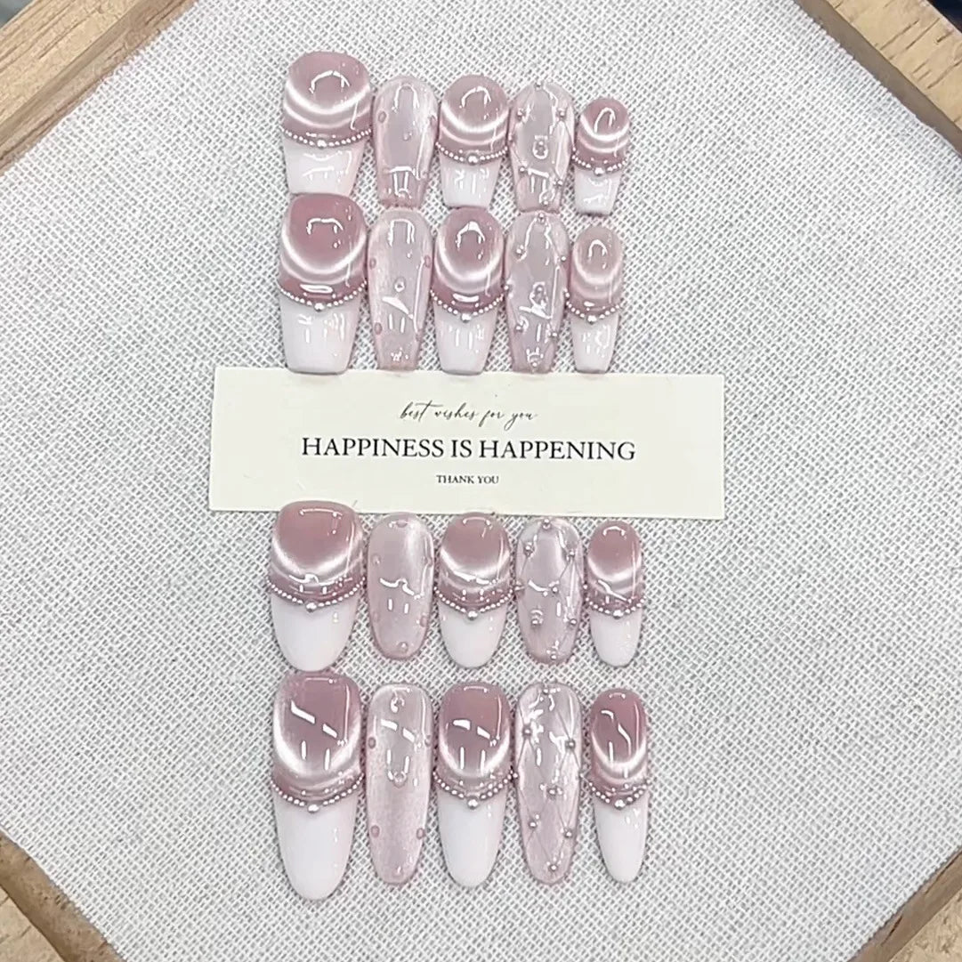 Blue French Press-on Nails Almond Shape 3D Design Full Coverage ABS Glossy False Nails for Daily Wear