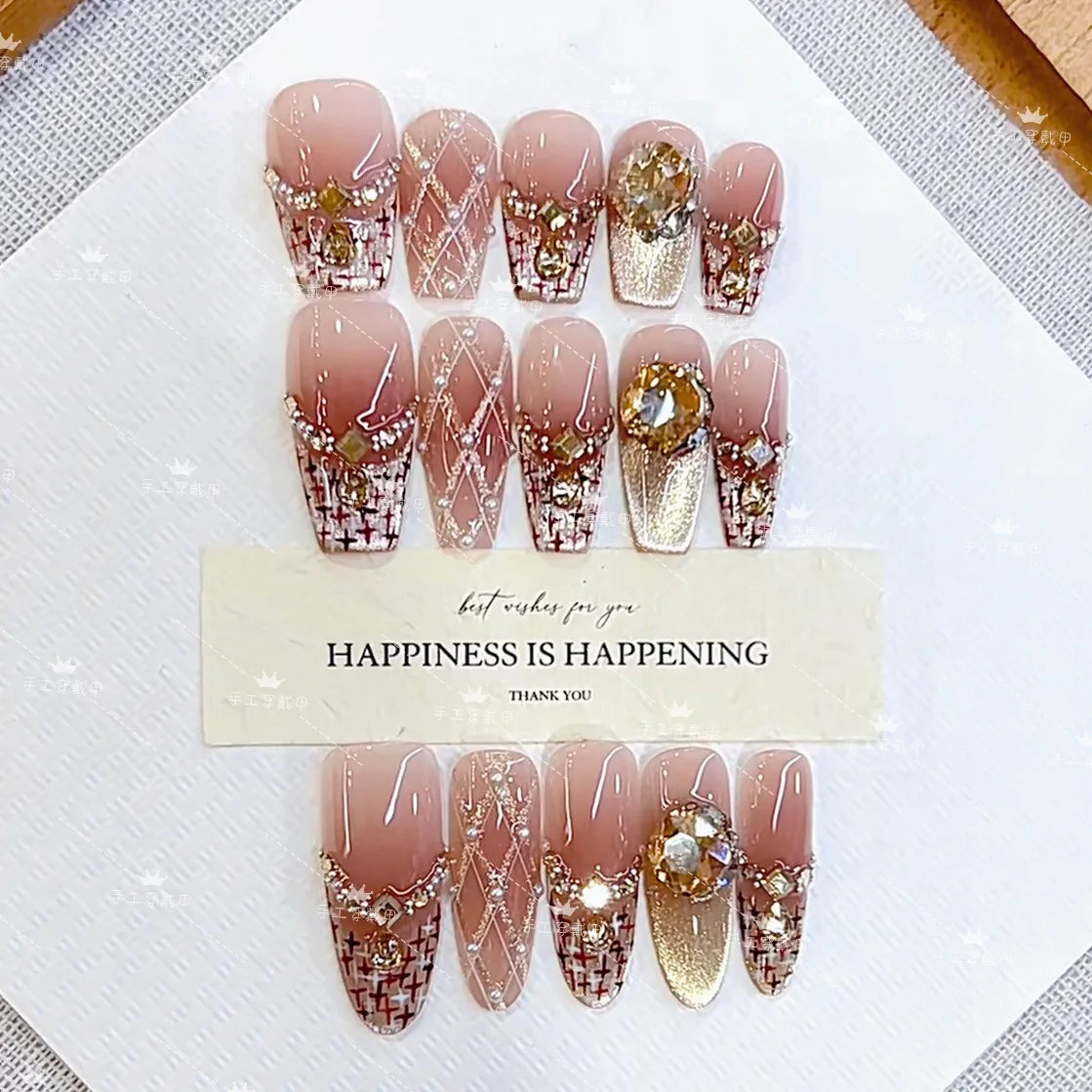 Blue French Press-on Nails Almond Shape 3D Design Full Coverage ABS Glossy False Nails for Daily Wear