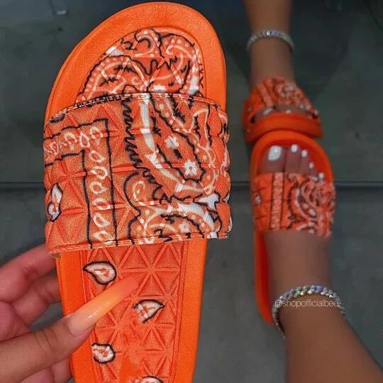 Ladies Beach slippers Red Bandana Slides