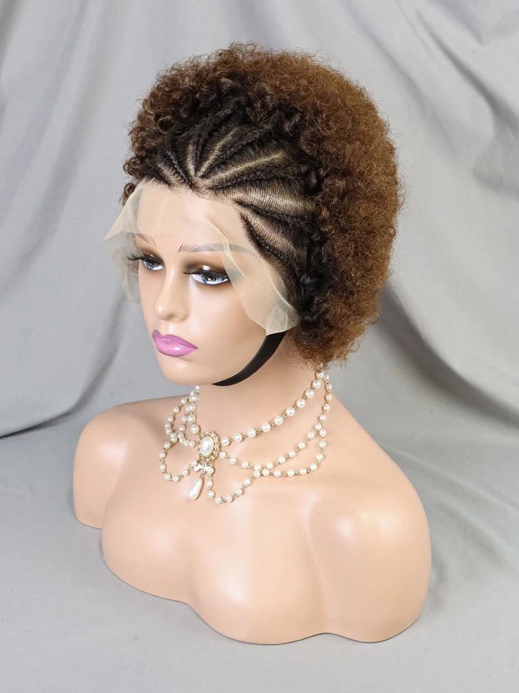 13x4 Lace Frontal Pixie Curly Braided Natural Human Hair Short Bob Wigs Full Density Africa Braid Wigs Black Women Straight