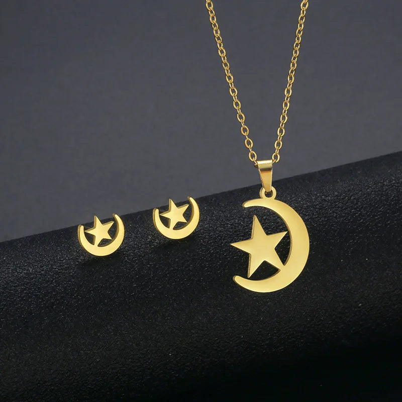Cheap Stainless Steel Necklace Earring Set Women Moon Smile-y Face Butterfly Pendants