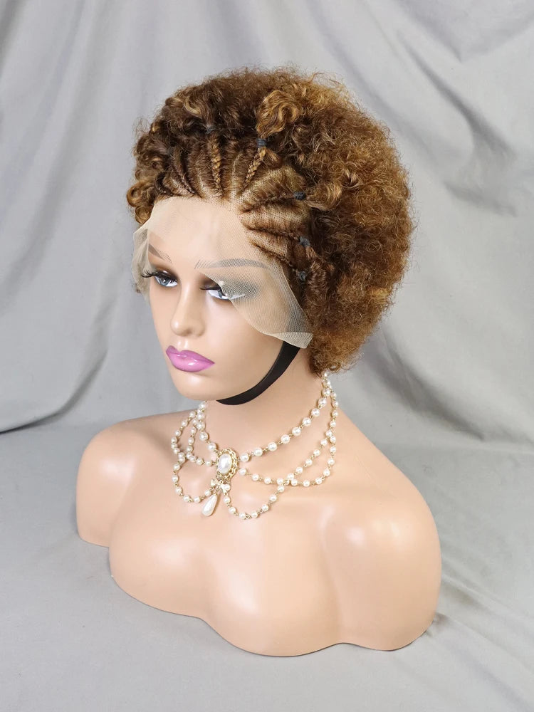 13x4 Lace Frontal Pixie Curly Braided Natural Human Hair Short Bob Wigs Full Density Africa Braid Wigs Black Women Straight