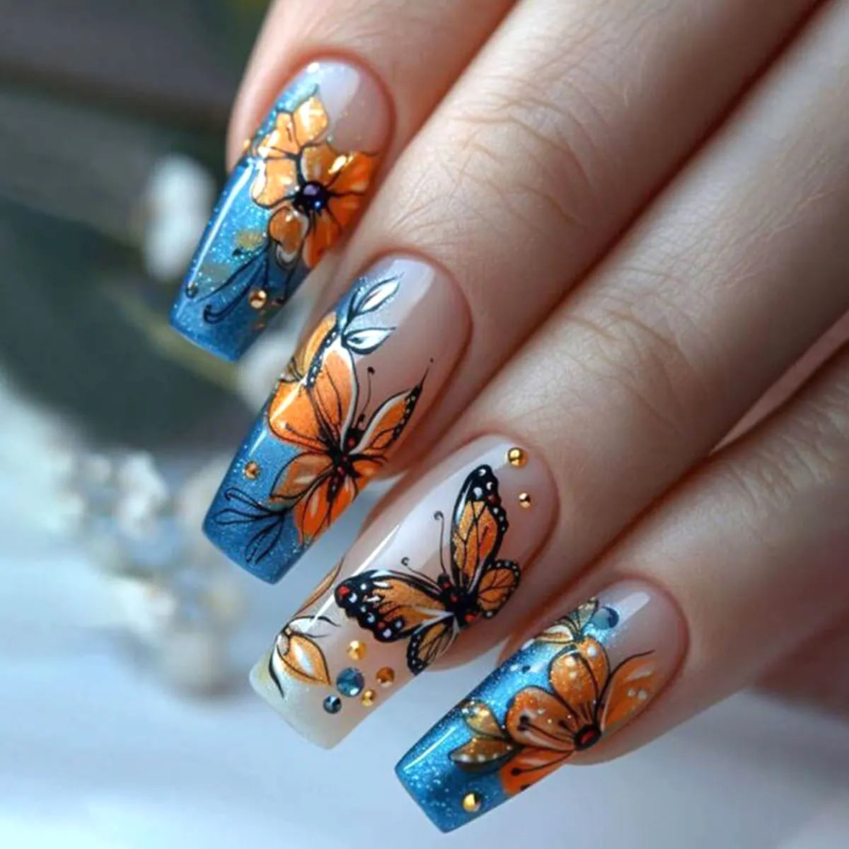 Butterfly Press on Nails Flower Press on Nails with Diamond Ballerina False Nails with Rhinestones Fake Tips with Rhinestones