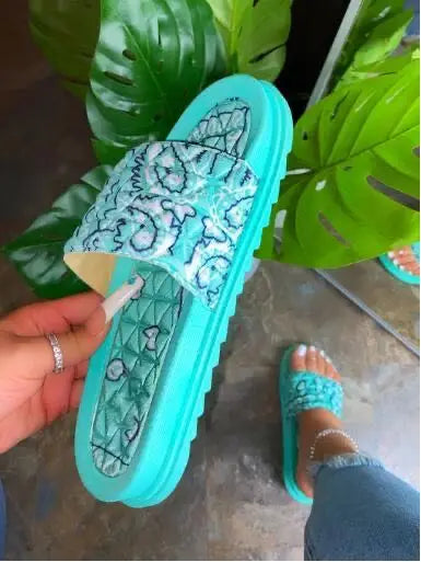 Ladies Beach slippers Red Bandana Slides