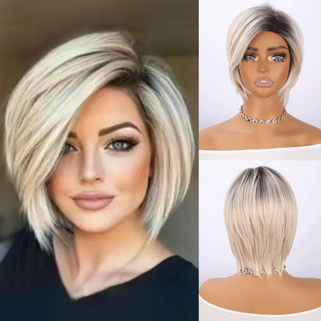 White Gold Synthetic Short Hair Wig Layered Straight Bob with Natural Looks Transparent Lace