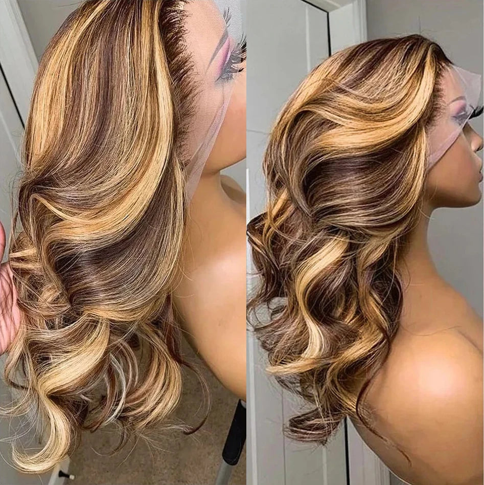 13x4 Honey Blonde Front Wig Brazilian Synthetic Highlight Body Wave Wig for Blonde Women HD Frontal Wig Small Transparent Sale
